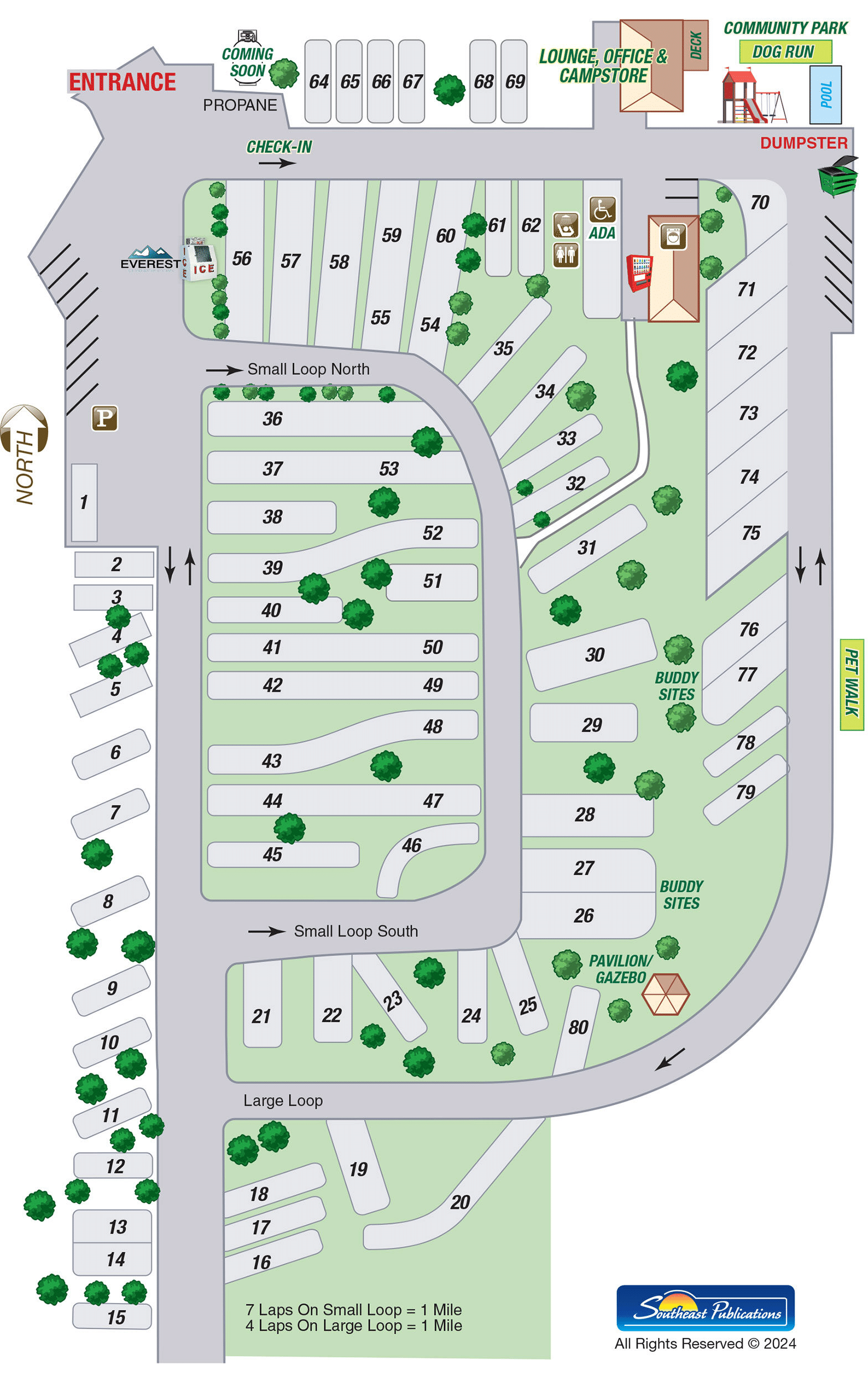 Map of a campsite layout with numbered RV spots and amenities. Features include a check-in area, community park, dog run, propane refill, pavilion, lounges, office, dumpster, and various loops for camping with arrows for flow of traffic.